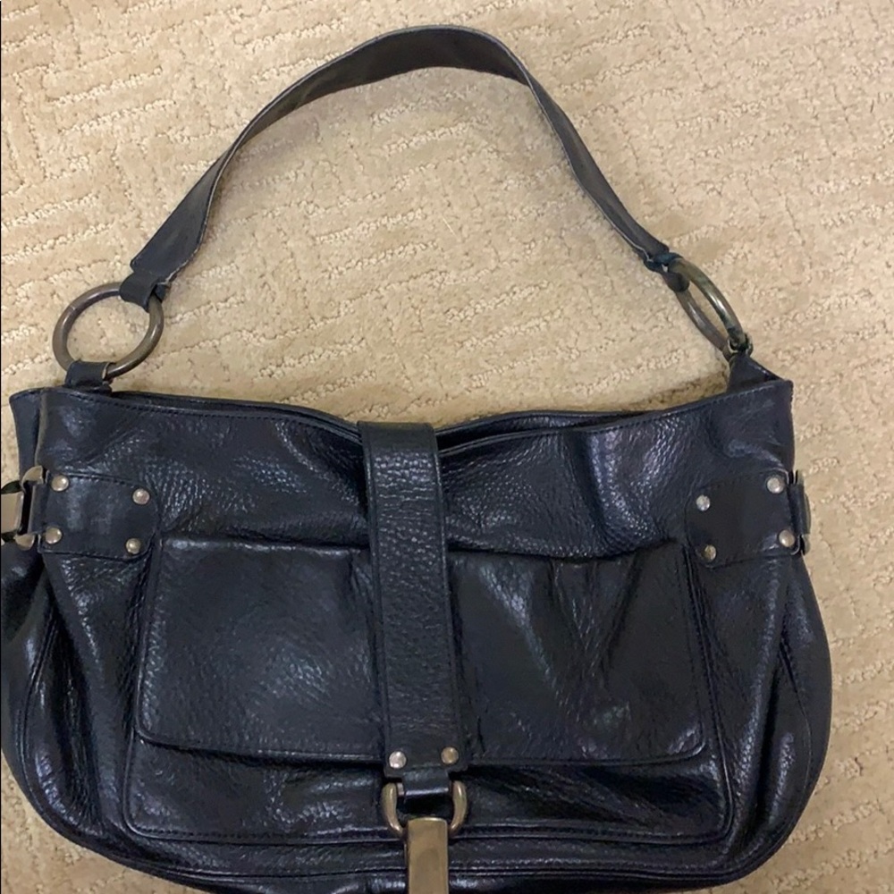 kooba black leather shoulder bag w brass hardware